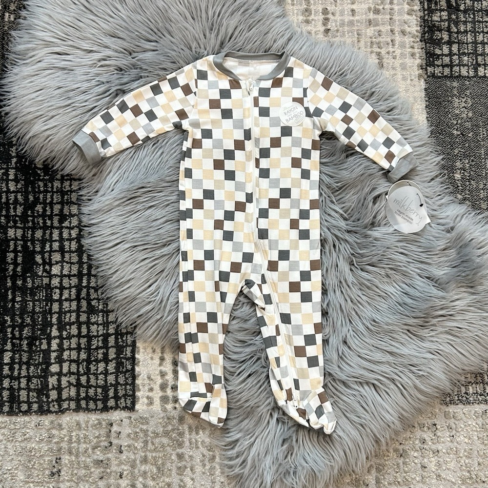 Milkberry Unisex Bamboo Zip Footies Checkered And Blue Size 6-9‎